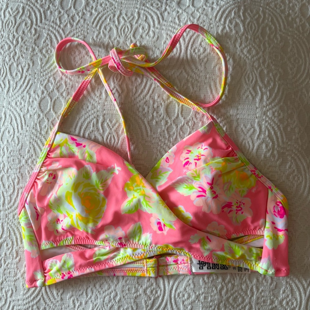 Victoria’s Secret Neon Pink Yellow Floral Faux Wrap Bikini Top
